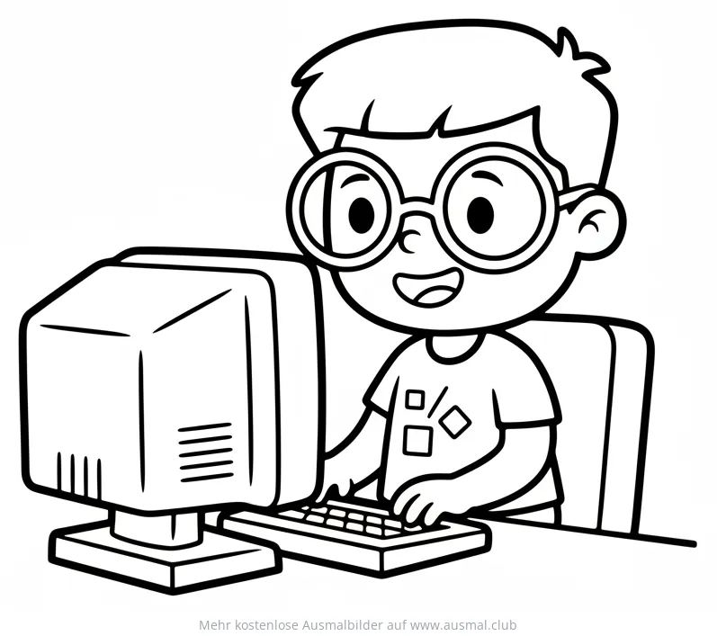 Junge mit Brille tippt am Computer Ausmalbild
