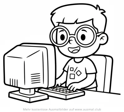 Junge mit Brille tippt am Computer Ausmalbild