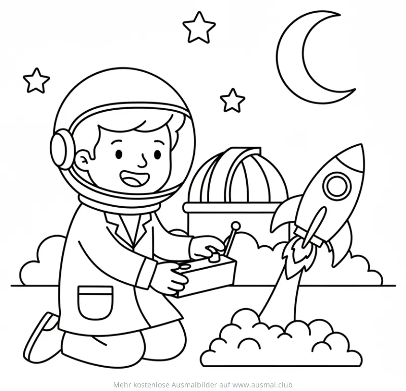 Junge mit Astronautenhelm steuert Rakete Ausmalbild