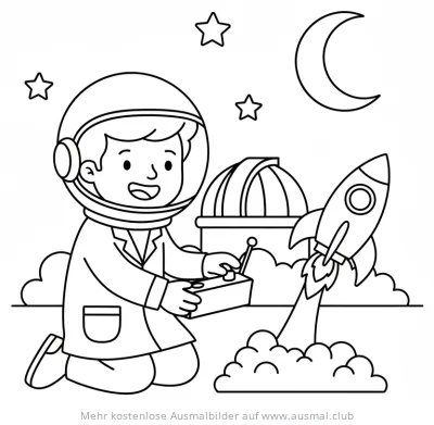 Junge mit Astronautenhelm steuert Rakete Ausmalbild