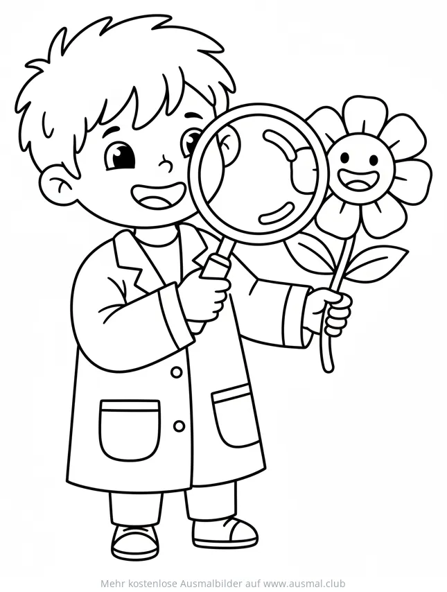 Forscher mit Lupe und Blume Ausmalbild