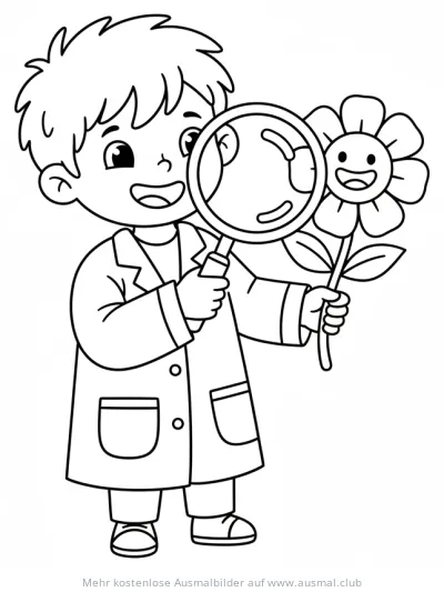 Forscher mit Lupe und Blume Ausmalbild