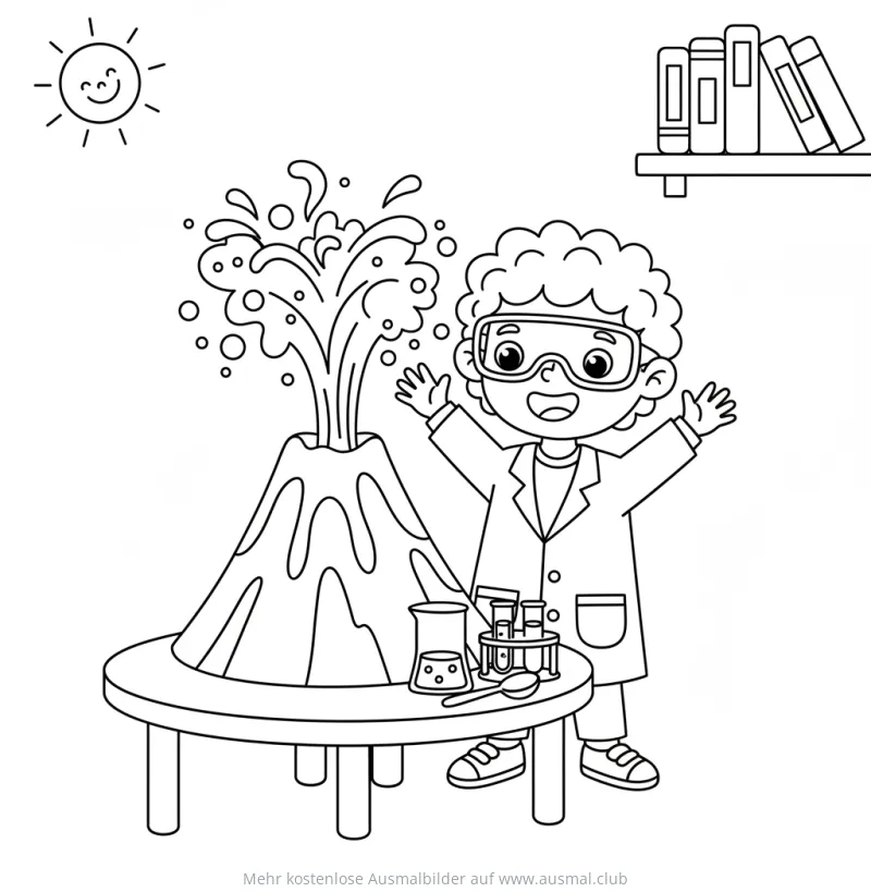 Junge Forscher mit Vulkan Ausmalbild