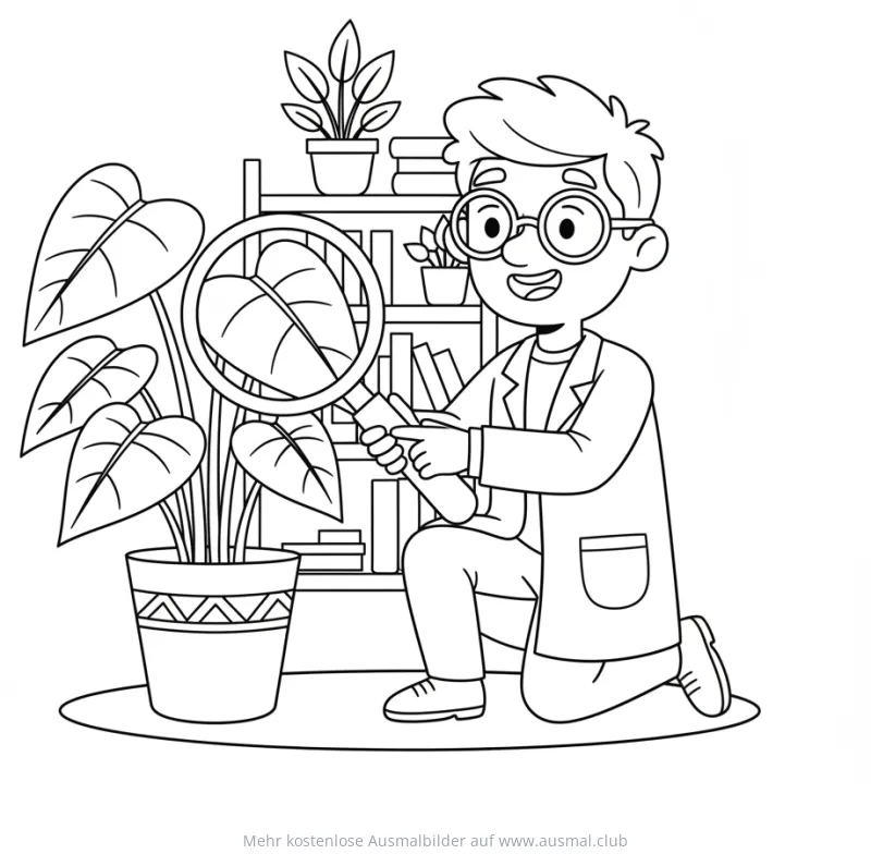 Botaniker untersucht Pflanze mit Lupe Ausmalbild