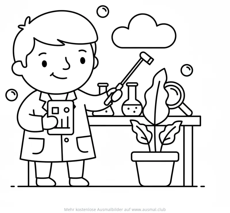 Forscher mit Tablet und Laborausstattung Ausmalbild