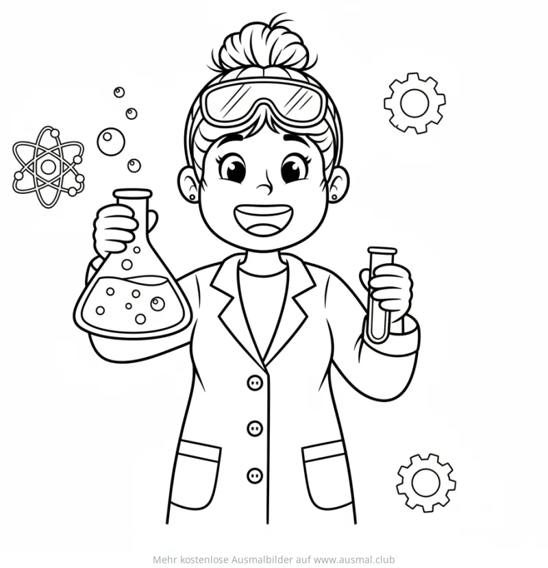Forscherin mit Becherglas und Reagenzglas Ausmalbild
