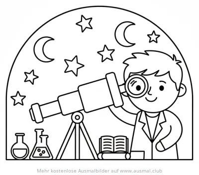 Junge mit Teleskop und Sternen Ausmalbild