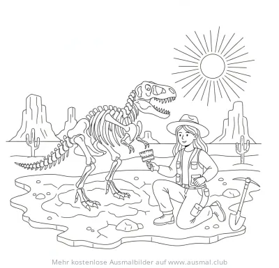 Forscherin gräbt Dino-Skelett Ausmalbild