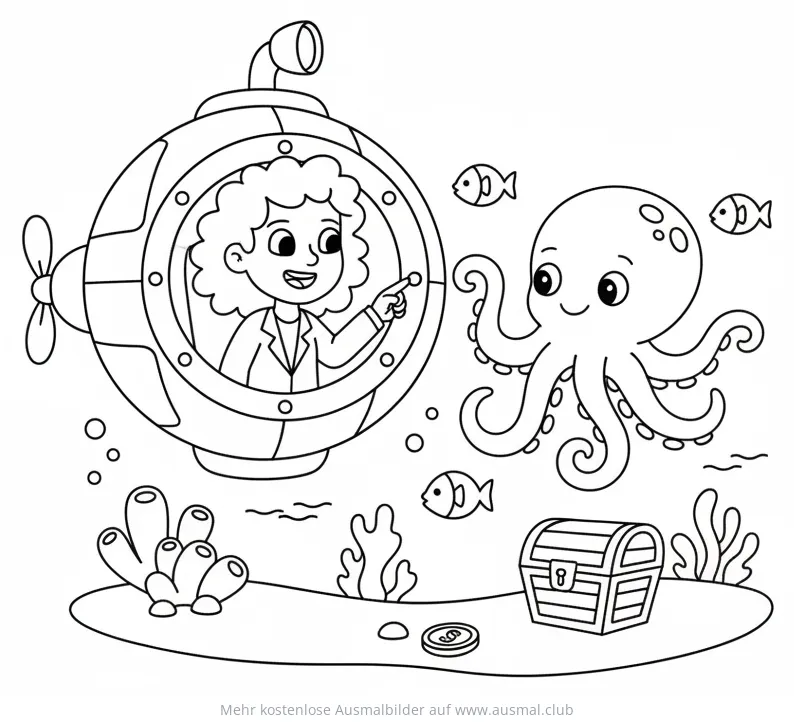 Forscherin im U-Boot mit Oktopus Ausmalbild