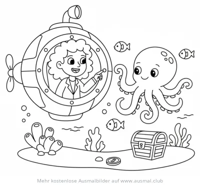 Forscherin im U-Boot mit Oktopus Ausmalbild