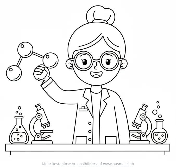 Forscherin hält Molekülmodell im Labor Ausmalbild
