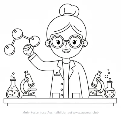 Forscherin hält Molekülmodell im Labor Ausmalbild