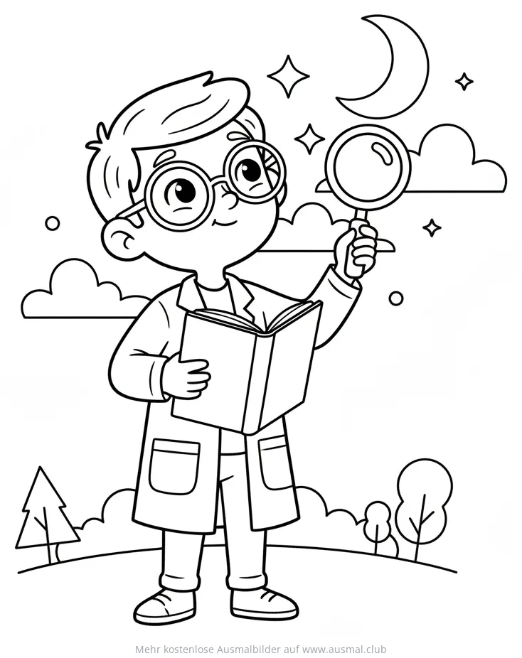Forscher mit Lupe und Buch im Nachthimmel Ausmalbild