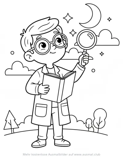 Forscher mit Lupe und Buch im Nachthimmel Ausmalbild