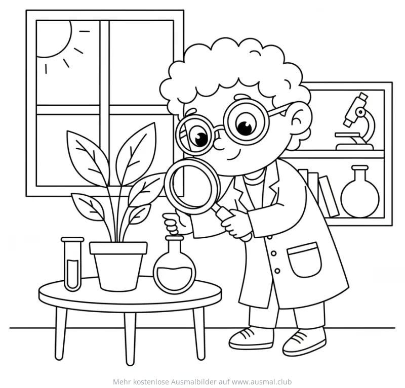 Forscher untersucht Pflanze mit Lupe Ausmalbild