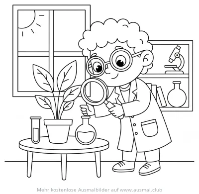 Forscher untersucht Pflanze mit Lupe Ausmalbild