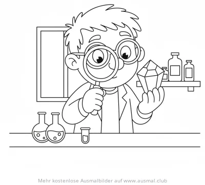 Forscher Junge untersucht Kristall mit Lupe Ausmalbild
