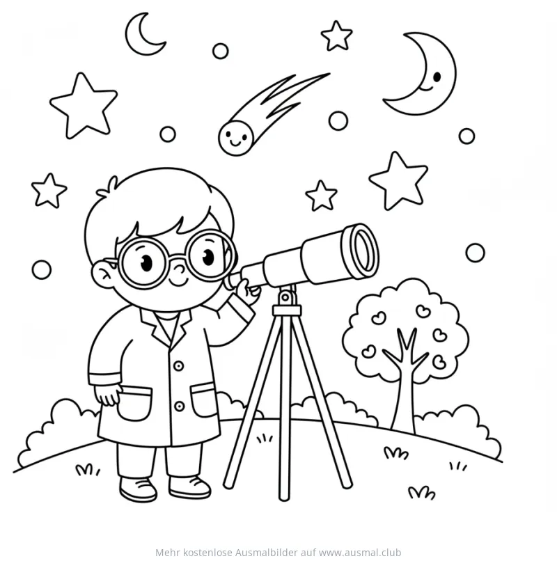 Forscher Junge mit Teleskop beobachtet Sterne Ausmalbild