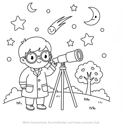 Forscher Junge mit Teleskop beobachtet Sterne Ausmalbild