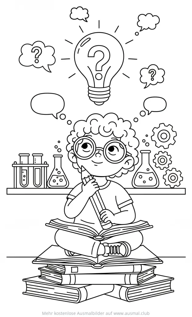 Forscher sitzt auf Bücherstapel mit Glühbirne Fragezeichen Ausmalbild