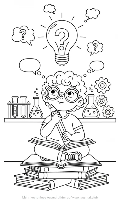 Forscher sitzt auf Bücherstapel mit Glühbirne Fragezeichen Ausmalbild