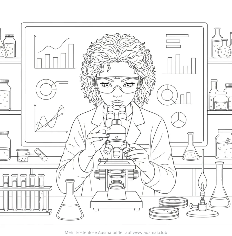 Forscherin mit Mikroskop im Labor Ausmalbild