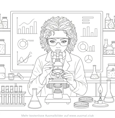 Forscherin mit Mikroskop im Labor Ausmalbild