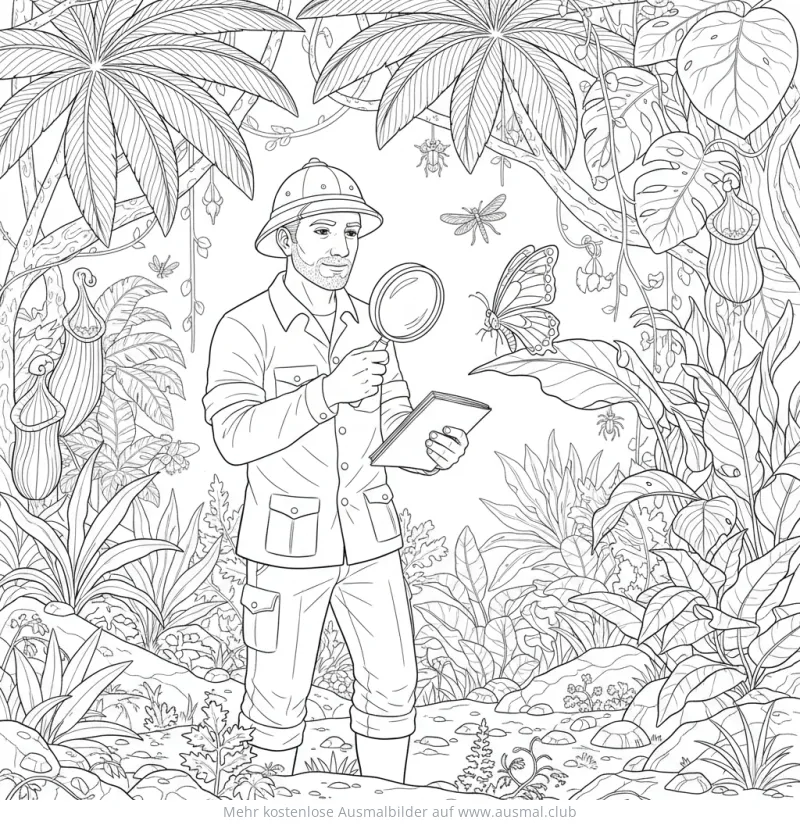 Forscher mit Lupe und Schmetterling im Dschungel Ausmalbild