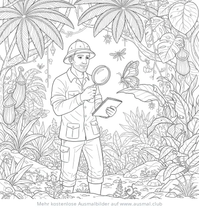 Forscher mit Lupe und Schmetterling im Dschungel Ausmalbild