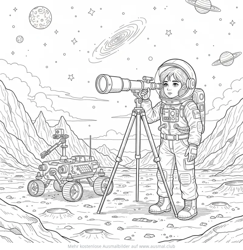 Forscherin im Raumanzug mit Teleskop und Rover auf Mondlandschaft Ausmalbild