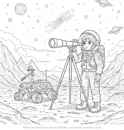 Forscherin im Raumanzug mit Teleskop und Rover auf Mondlandschaft Ausmalbild