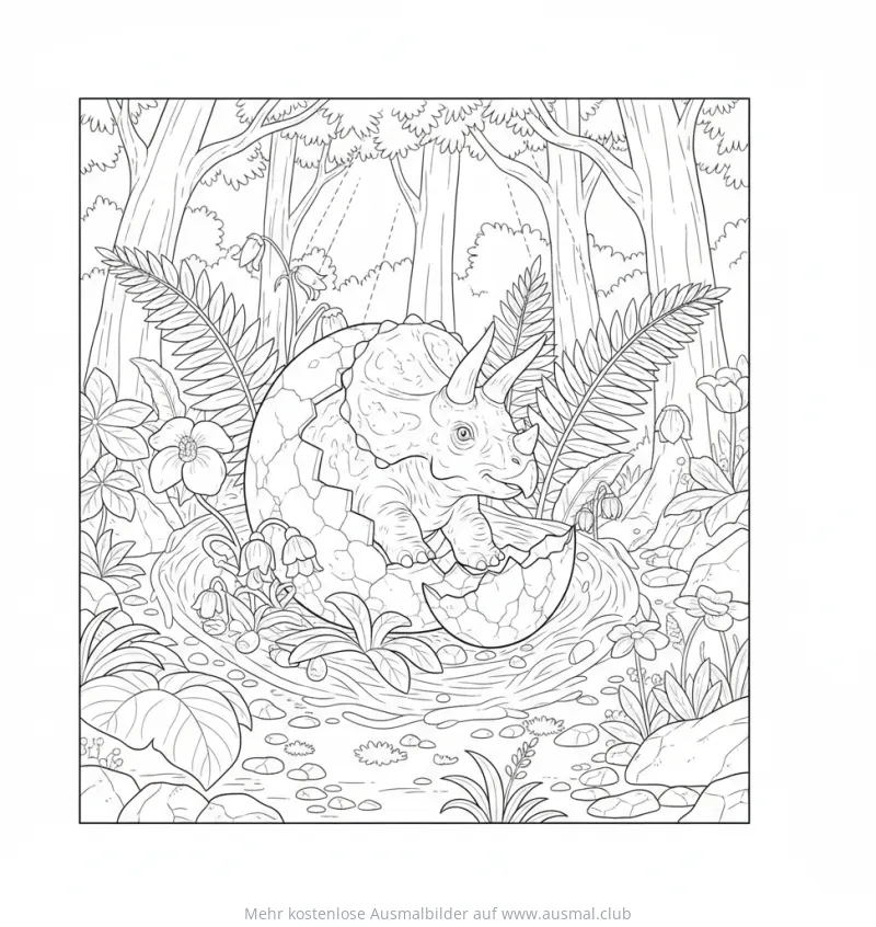 Triceratops schlüpft aus Ei Ausmalbild im Urwald