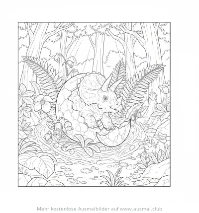 Triceratops schlüpft aus Ei Ausmalbild im Urwald