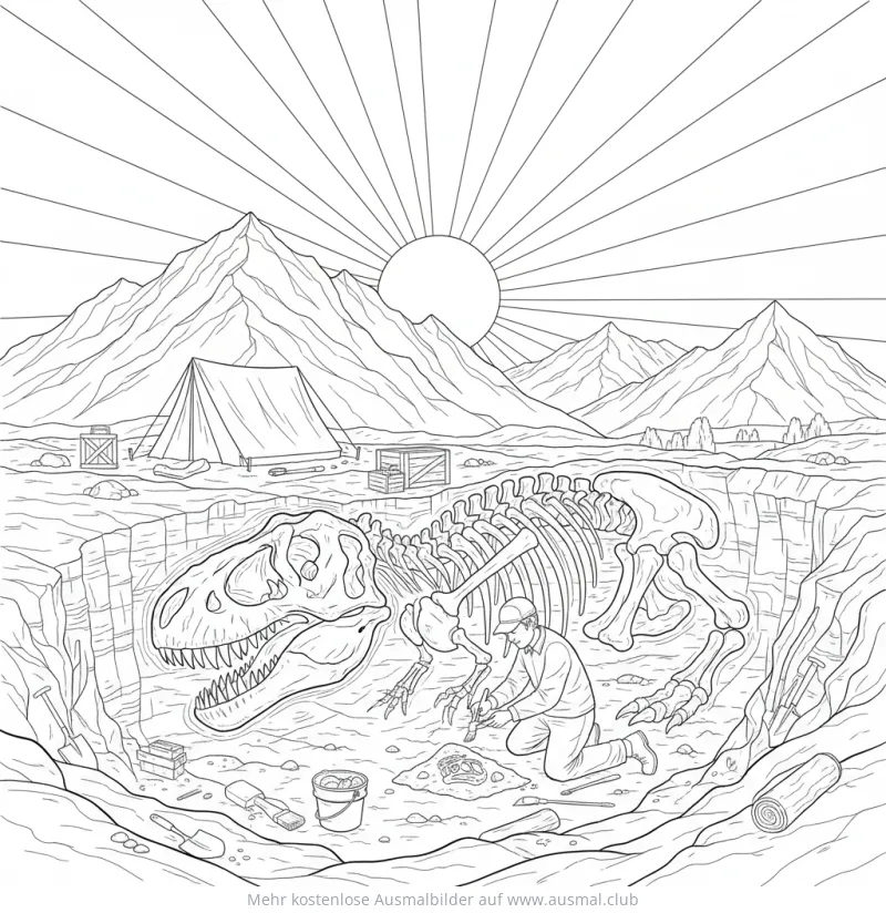 T-Rex Skelett Ausgrabung Ausmalbild