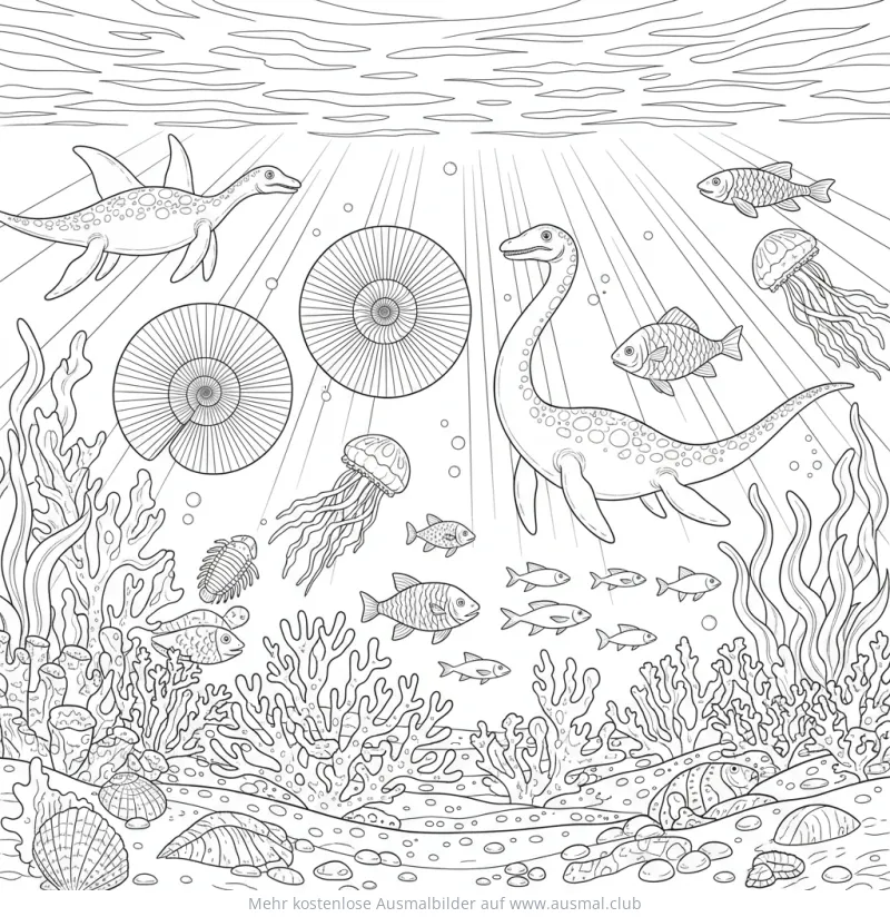 Ammoniten und Meerestiere Ausmalbild Unterwasser