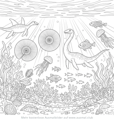 Ammoniten und Meerestiere Ausmalbild Unterwasser