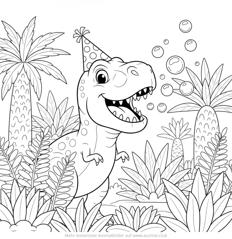 Freundlicher T-Rex mit Partyhut Ausmalbild