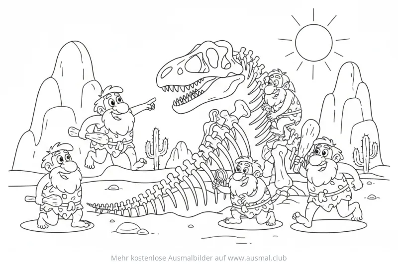 Dino Skelett Ausmalbild mit Steinzeitmenschen