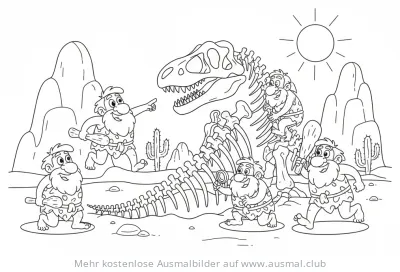Dino Skelett Ausmalbild mit Steinzeitmenschen
