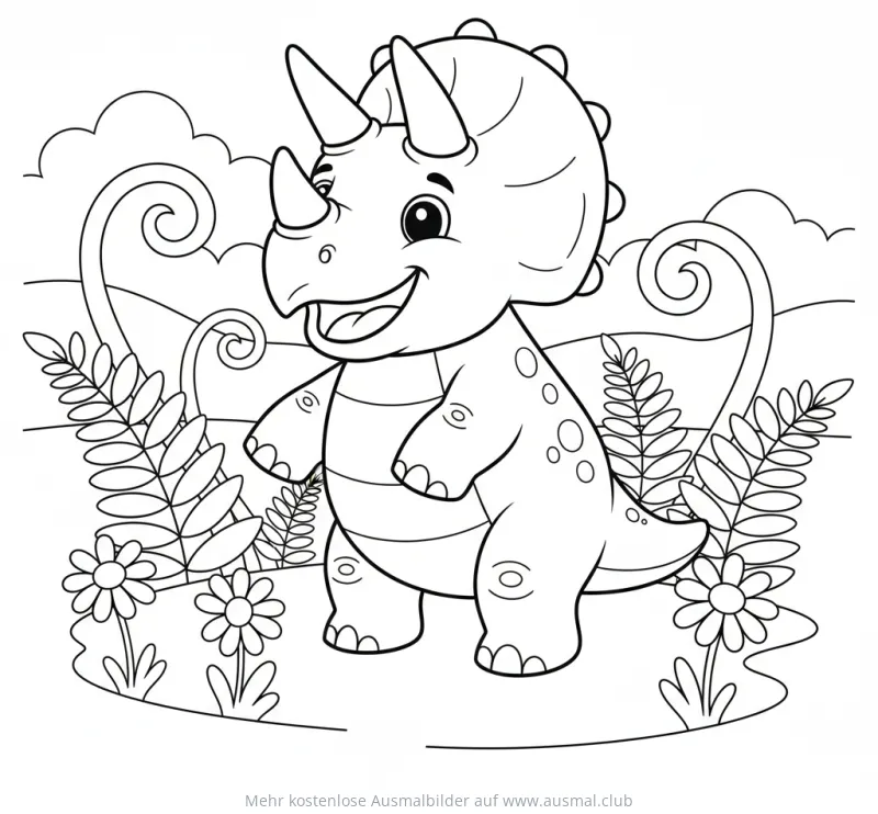 Freundlicher Triceratops im Blumenfeld Ausmalbild