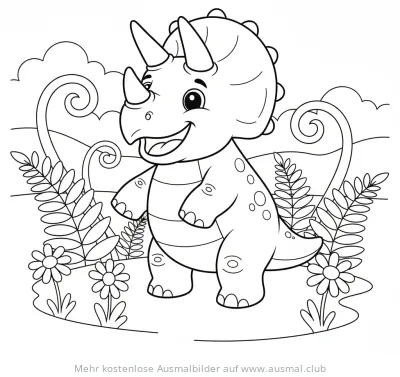Freundlicher Triceratops im Blumenfeld Ausmalbild
