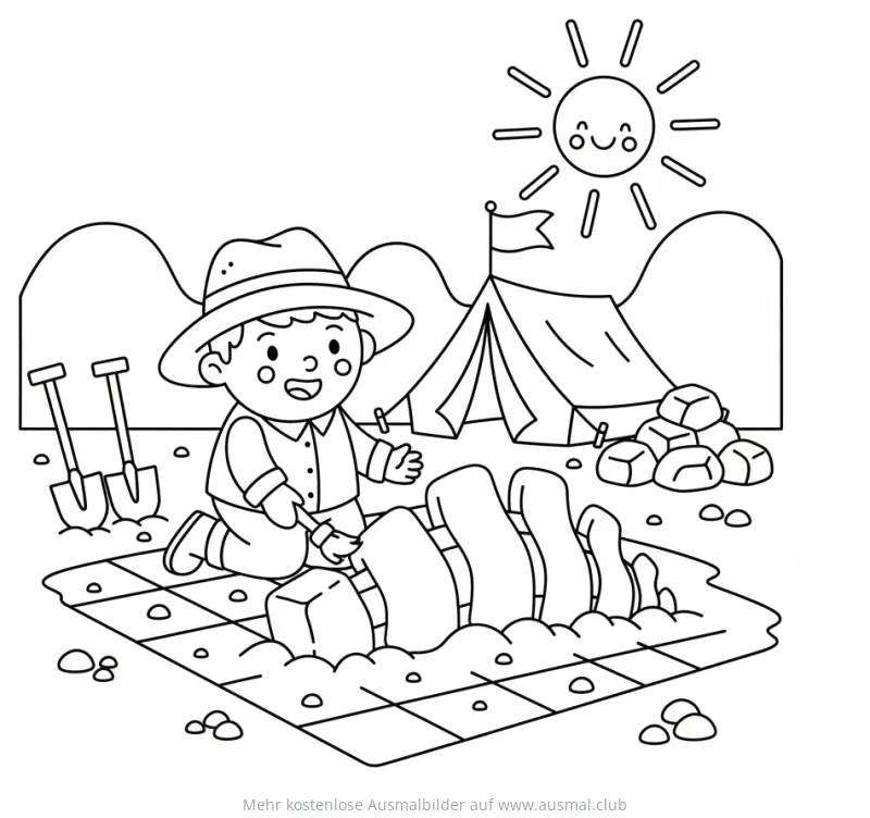 Junge bei Fossilien Ausgrabung Ausmalbild