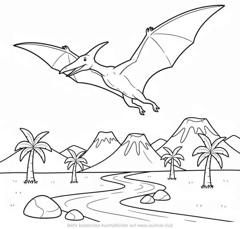 Pterodactyl fliegt über prähistorische Landschaft Ausmalbild