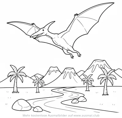 Pterodactyl fliegt über prähistorische Landschaft Ausmalbild