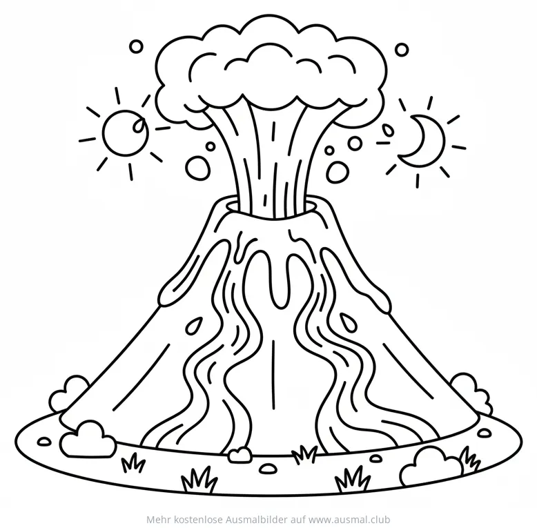 Vulkan Ausbruch Ausmalbild mit Sonne und Mond