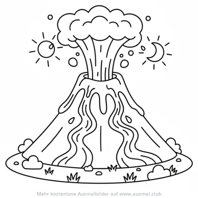 Vulkan Ausbruch Ausmalbild mit Sonne und Mond