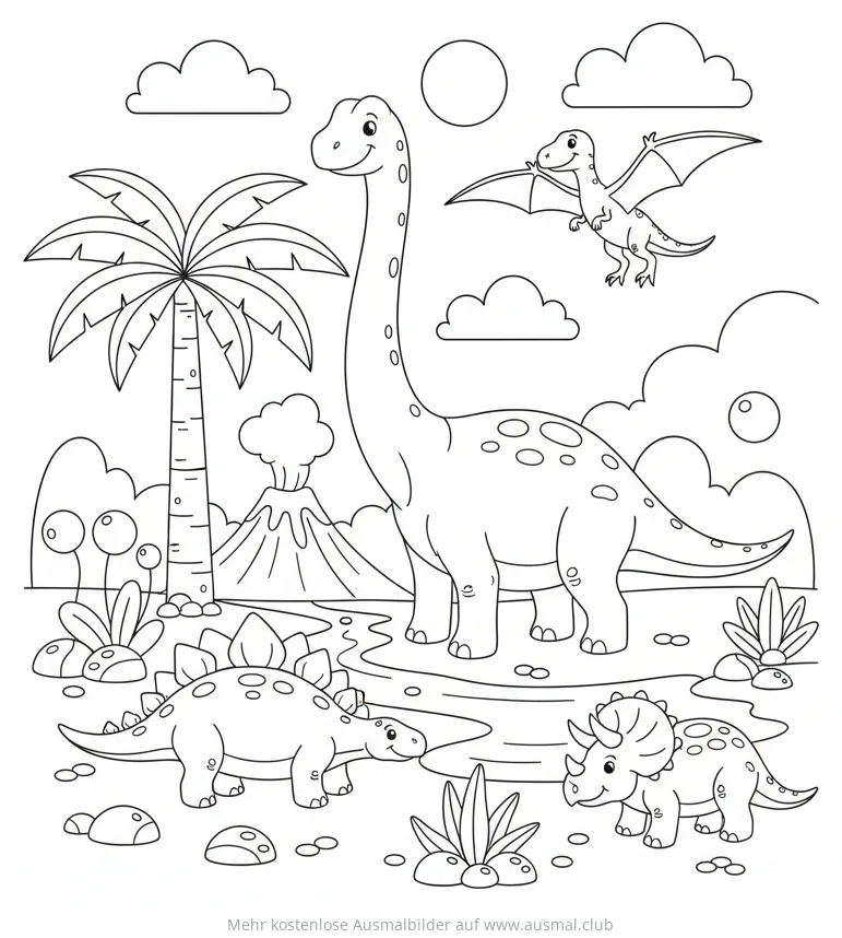 Dinosaurier Landschaft mit Brachiosaurus, Stegosaurus, Triceratops und Pterodaktylus Ausmalbild