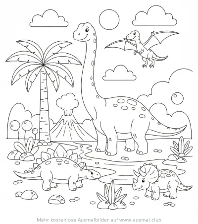 Dinosaurier Landschaft mit Brachiosaurus, Stegosaurus, Triceratops und Pterodaktylus Ausmalbild