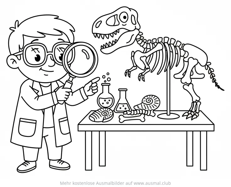 Junge untersucht Dino-Skelett mit Lupe, Ausmalbild