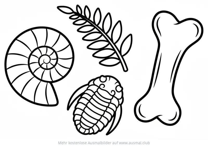 Fossilien Ausmalbild mit Ammonit, Trilobit, Farn und Knochen